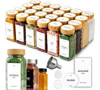 Deco haus® Lot de 24 Bocaux à Épices Carrés Hermétiques [avec Étiquettes & Saupoudreur] - Bocaux en Verre - Pot a Epices en Verre et Bois, Spice Jars - Récipients d'Épices - Pot à Epices