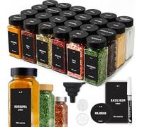 Deco haus® Lot de 24 Bocaux à Épices Carrés Hermétiques [avec Étiquettes & Saupoudreur] - Bocaux en Verre - Pot a Epices en Verre et Bois, Spice Jars - Récipients d'Épices - Pot à Epices
