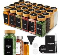 Deco haus® Lot de 24 Bocaux à Épices Carrés Hermétiques [avec Étiquettes & Saupoudreur] - Bocaux en Verre - Pot a Epices en Verre et Bois, Spice Jars - Récipients d'Épices - Pot a Epice