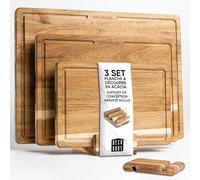 Deco haus Lot de 3 Planche a Decouper Bois [2 cm D'ÉPAISSEUR] - Ensemble de Planches à Découper en Acacia 40x30cm / 33x24cm / 26x18cm - Cutting Board - Avec Rainure à Jus