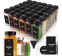 Deco haus® Lot de 36 Bocaux à Épices Carrés Hermétiques [avec Étiquettes & Saupoudreur] - Bocaux en Verre - Pot a Epices en Verre et Bois, Spice Jars - Récipients d'Épices - Pot à Epices