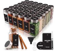 Deco haus® Lot de 36 Bocaux à Épices Carrés Hermétiques [avec Étiquettes & Saupoudreur] - Bocaux en Verre - Pot a Epices en Verre et Bois, Spice Jars - Récipients d'Épices - Pot à Epices