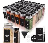 Deco haus® Lot de 36 Bocaux à Épices Carrés Hermétiques [avec Étiquettes & Saupoudreur] - Bocaux en Verre - Pot a Epices en Verre et Bois, Spice Jars - Récipients d'Épices - Pot à Epices