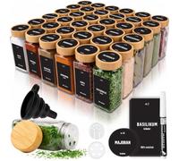 Deco haus® Lot de 36 Bocaux à Épices Carrés Hermétiques [avec Étiquettes & Saupoudreur] - Bocaux en Verre - Pot a Epices en Verre et Bois, Spice Jars - Récipients d'Épices - Pot a Epice