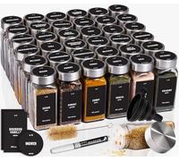 Deco haus® Lot de 36 Bocaux à Épices Carrés Hermétiques [avec Étiquettes & Saupoudreur] - Bocaux en Verre - Pot a Epices en Verre et Bois, Spice Jars - Récipients d'Épices - Pot à Epices