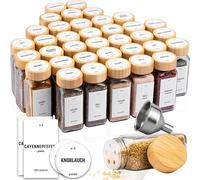 Deco haus® Lot de 36 pots à épices carrés avec capuchon à visser [+étiquettes & saupoudreur] - Lot de boîtes à épices en verre - Récipients à épices - Rangement des épices
