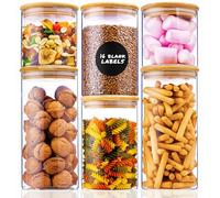 Deco haus Lot de 6 Bocaux en Verre Hermétique avec Couvercle + ÉTIQUETTES | Boîtes en Verre Couvercles en Bambou 600 - 1400 ml Pour Céréales, Cornflakes, Spaghetti, Farine - Bocaux Rangement Cuisine