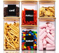 Deco haus Lot de 6 Bocaux en Verre Hermétique avec Couvercle + ÉTIQUETTES | Boîtes en Verre Couvercles en Bambou 600 - 1600 ml Pour Céréales, Cornflakes, Spaghetti, Farine - Bocaux Rangement Cuisine