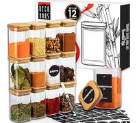 Deco haus Pots à Épices Carrés Hermétiques, Set de 12-280ml + Étiquettes | Bocaux en Verre - Pot a Epices en Verre et Bois, Spice Jars - Récipients d'Épices - Conteneurs pour Épices