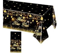 Deco Nouvel an 2026 Nappe Decoration an 2026 Linge de Table,de Happy New Year ImperméAble Rectangulaire en Plastique pour,Bonne Année Fournitures Fête,Jour de L'an,Noir Or Décorations