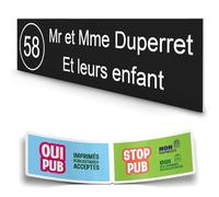 DECOHO - Plaque boîte aux lettres personnalisée adhésive - noir lettres blanches - 100x25 mm, 2 lignes, stickers STOP PUB offerts - Noir