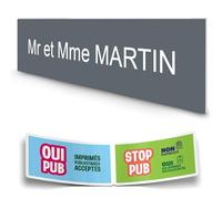 DECOHO - Plaque boite aux lettres personnalisée adhésive - plastique gris avec lettres blanches - format 100x25 mm - 1 ligne + stickers S - Gris