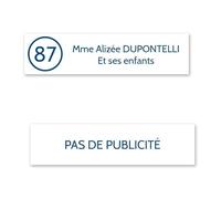 DECOHO Plaque nom avec numéro + Plaque Stop Pub pour Boite aux Lettres Format Decayeux (100x25mm) Blanche Lettres Bleues - 2 Lignes - 0.16