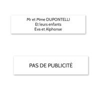 DECOHO Plaque nom + Plaque Stop Pub pour Boite aux Lettres Format Decayeux (100x25mm) Blanche Lettres Noires - 3 Lignes - 2,5