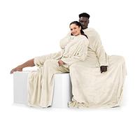 DecoKing 150 x 180 cm Couverture à Manches TV en Microfibre avec Manches et Poches Polaire Douce avec Poche pour Les Pieds Ivoire Lazy