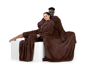 DecoKing 150 x 180 cm Couverture à Manches TV en Microfibre avec Manches et Poches Polaire Douce avec Poche pour Les Pieds Marron Lazy