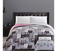 DecoKing Couvre-lit Invasion de chants en microfibre double face - Facile d'entretien - Gris acier anthracite/noir/blanc/rose, Investissement de Cats., 240 x 260 cm