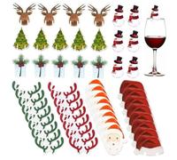 DECOMELODY Breloques en Bois pour Verres à Vin Noël 80 Pièces, Étiquettes Décoratives Père Noël, Cerf Rouge et Vert, Bonhomme de Neige, Sapin et Cloche, Marqueurs pour Fête, Accessoire Table