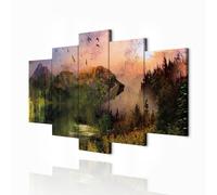 decomonkey - Impression sur Toile Montagnes Paysage 100x50 5 Pièces - Tableau Décoration Appartement Déco Salon Peinture sur Toile Montagnes prairie nature paysage oiseaux soleil animaux