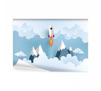 decomonkey Papier Peint Panoramique Enfants 400x280 cm Décoration murale | Tapisserie décorative pour chambre salon, Nuages montagnes ciel moderne avion enfant d'âge préscolaire, moderne