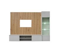 Deconation Ensemble Meuble TV Mural Xari L avec Vitrine Et éclairage LED - Bois MDF Gris Perle Et Chêne Artisan - 200 X 148 X 35 Cm
