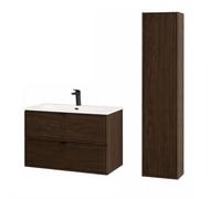 Deconation Ensemble Meuble Vasque 80 Cm + Vasque + Colonne - L 80 X P 46 X 51,5 Cm - Caldera Foncé