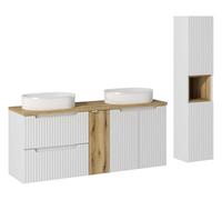 Deconation Ensemble Salle De Bain Meuble Double Vasques + Plateau Effet Chêne 140 Cm + Colonne - A Portes + Tiroirs - Astral Blanc