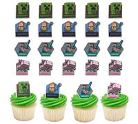 DecoPac Minecraft Lush Finds Lot de 24 décorations de cupcakes avec Creeper, Alex, Steve et Axolotl ! Décorations 3D multicolores pour gâteaux de qualité alimentaire