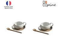 Decopine - Lot de 2 tasses à café avec soucoupe et cuillère - céramique blanche 150 ml - style wabi-sabi