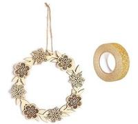 Décor à suspendre bois couronne de Fleurs 22 x 22 cm + masking tape doré à paillettes 5 m Beige G