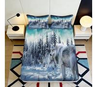 Décor Chambre forêt enneigée Wolf Mattress Cover Microfiber Toucher dou 3D Printed Cadeau Mariage Anniversaire Facile à Laver Gift Bedding Set 120x200x25cm
