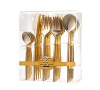 Decor Decorline - Ensemble de couverts réutilisables en plastique robuste - 40 pièces - Chacun avec 16 fourchettes, 8 couteaux, 8 cuillères et 8 cuillères à dessert - Noble Collection - Or brillant