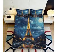 Décor raffiné 3D Printed Fitted Sheet Tour Eiffel Microfiber au Toucher Doux Fixation Anti-Glisse Chambre d'hôtes Apartment Bedding 160x200x25cm