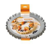 Decora, 0075055 Moule à tarte avec fond mobile de dimensions 29 x 20 x 3 H cm, en acier antiadhésif, ovale, facilite la déformation des bonbons, ligne de design, Argent
