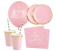 Decoraparty Kit de fête rose pour 12 personnes, décoration de table pour anniversaire, fille, fête, 6 ballons, 20 serviettes, 12 assiettes, 12 verres, 20 pailles (70 pièces)