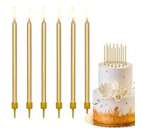 Decoraparty Lot de 12 bougies dorées fines et élégantes avec support de base en plastique pour gâteau d'anniversaire, anniversaire, fête, hauteur 12,5 cm