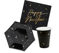 Decoraparty Set de vaisselle du Nouvel An pour 6 invitations, décorations de table en or jetable avec étoiles pour dîner dernier de l'année, 6 assiettes, 6 verres, 20 serviettes (32 pièces)