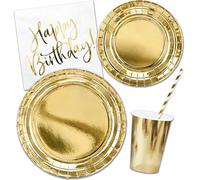 Decoraparty Set de vaisselle or pour anniversaire 6 personnes, décorations de table avec inscription Happy Birthday - 6 verres, 6 grandes assiettes, 6 petites assiettes, 20 serviettes, 10 pailles (48