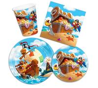 Decoraparty Set de vaisselle Pirates pour anniversaire, décorations de table pour 8 invitations, fête, 8 grandes assiettes, 8 petites assiettes, 16 serviettes, 8 verres (kit 40 pièces)