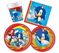 Decoraparty Set de vaisselle pour 8 personnes, décoration de fête d'anniversaire, 8 grandes assiettes, 8 petites assiettes, 20 serviettes, 8 verres, The Hedgehog, Blue Blur (44 pièces)