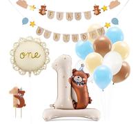 Decoraparty Set premier anniversaire 1 an ourson, décorations aménagement thème teddy - 1 bougie, 1 ballon, 1 ballon avec nombre, 10 ballons colorés, 1 bannière guirlande pour enfant