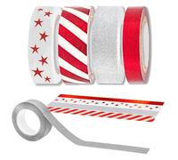 Decoraparty Washi Lot de 4 rouleaux de ruban adhésif rouge, ruban décoratif argenté pour cadeaux, scrapbooking, journalisation, bricolage, rouleau de 10 mètres de long