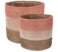 Decorasian Cache-pot en jonc de mer - Pot de fleurs tressé - Panier décoratif avec insert en film - Style bohème - Rose/blanc/noir - Lot de 35 cm + 30 cm