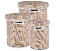 Decorasian Lot de 3 paniers à linge avec couvercle en jonc de mer - En raphia tressé - Ronds et grands - Panier bohème pour linge, jouets et couvertures - Durable et robuste - S, M, L
