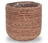 Decorasian Pot de Fleurs en jonc de mer - Cache-Pot tressé - Panier à Plantes décoratif avec Insert en Film Plastique dans Le Style Boho - Natuel/Rouge - 21cm