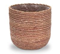Decorasian Pot de Fleurs en jonc de mer - Cache-Pot tressé - Panier à Plantes décoratif avec Insert en Film Plastique dans Le Style Boho - Natuel/Rouge - 24cm