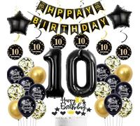 Décoration 10 ans anniversaire garcon fille,noir or ballon 10 ans anniversaire garcon ,noir Décoration gâteau anniversaire 10 ans happy birthday banner noir Déco anniversaire 10 ans garcon ballon