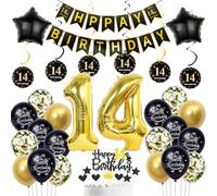 Décoration 14 ans anniversaire garcon fille,noir or ballon 14 ans anniversaire garcon ,Or Décoration gâteau anniversaire 14 ans happy birthday banner Or Déco anniversaire 14 ans garcon ballon Or