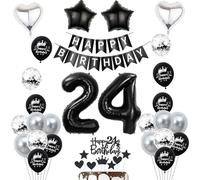 Décoration 24 ans anniversaire noir, ballon gonflable 24 ans anniversaire femme homme Décoration