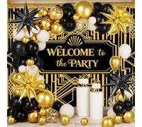 Décoration Années 20 Anniversaire Noir et Or - 131 Pcs Kit Gatsby Déco avec Guirlande de Ballons, Fond de Photo Jazz Retro & Cupcake Topper - Accessoires Soirée Charleston & Nouvel An